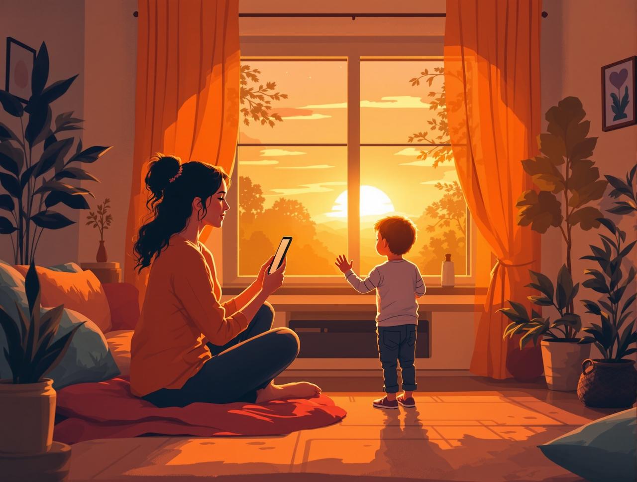 看短剧品牌故事 - 创始人李晨曦与孩子一起观看动画片的温暖时刻